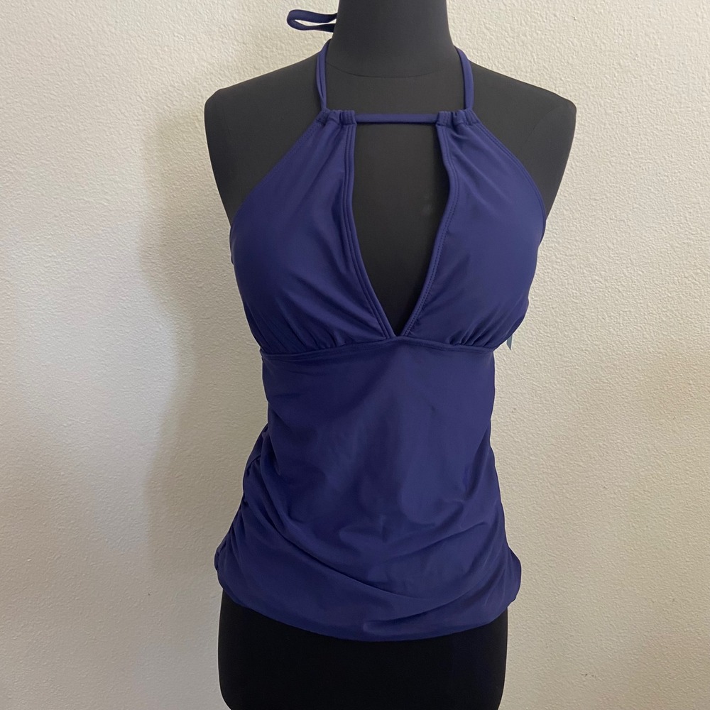 YONIQUE Tankini Swim Top Halter Keyhole Ruched Swimsuit Top Navy Size S NEW